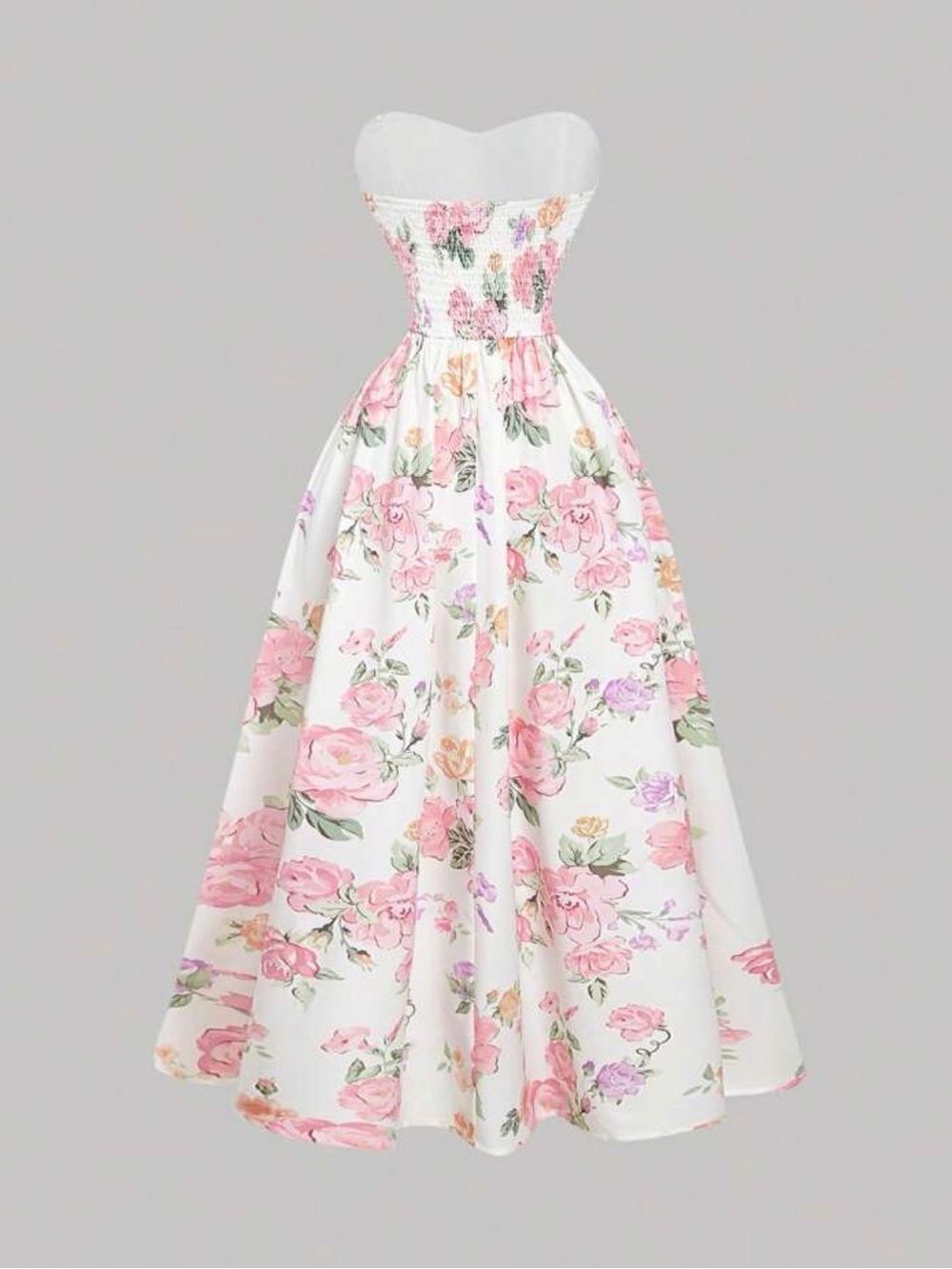 SHEIN White Strapless Midi Dress with Pink Rose Floral Print - Picture 2 of 2